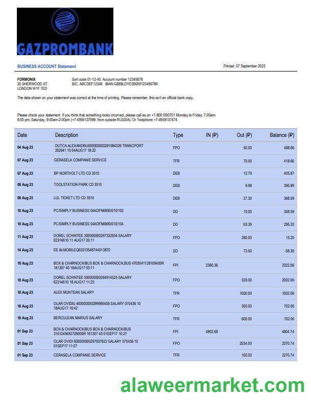 Gazprombank firm account statement Word and PDF template
